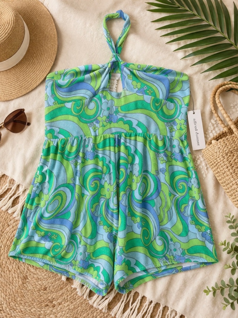 NWT Blue Green Swirl Terrycloth Halter Romper – Size Large